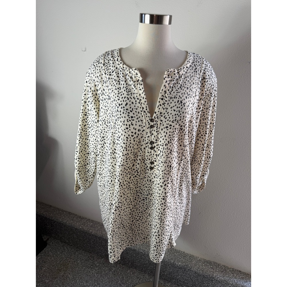 Jane + Delancey Womens Plus 2X Animal Print Henley Tunic Top Cream Black Ribbed